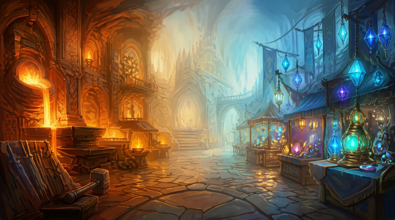 A colossal fantasy forge on the left blending into a lantern-lit market fair on the right